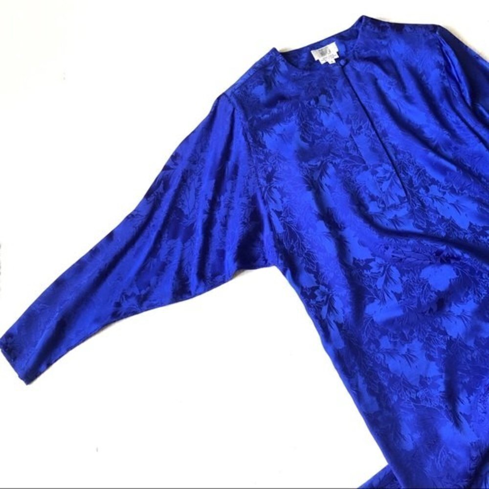 Gumps Silk Dress Vintage 80s Blue Floral Shirtdress - Picture 6 of 15